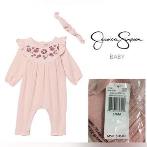 🆕JESSICA SIMPSON BABY - 3/6M - NWT - 2PC PINK FLORAL JUMPSUIT AND HEADBAND
